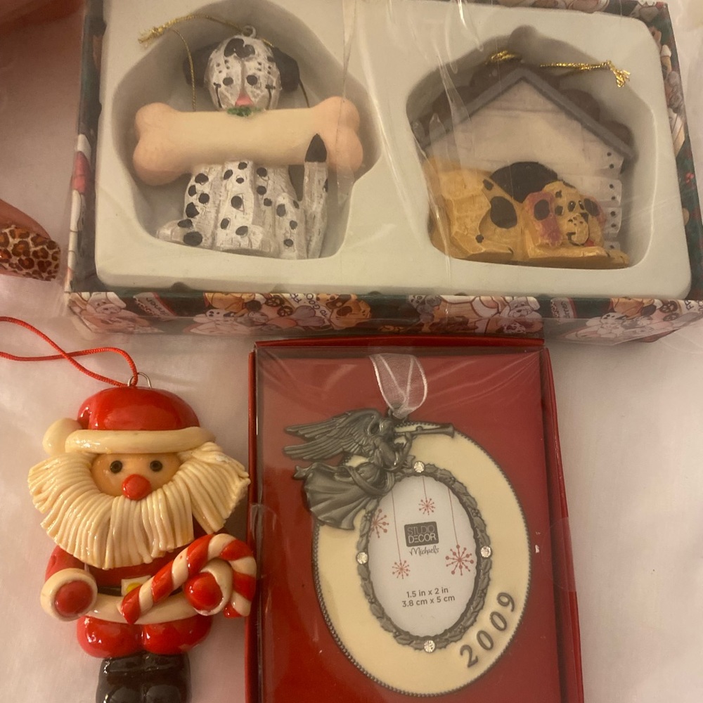 2 Puppy Love Christmas Ornaments set, vintage Santa and picture frame.